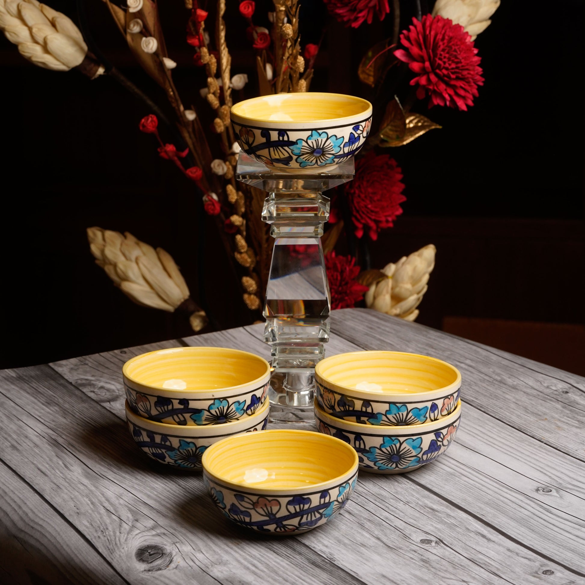 Caffeine Ceramic Handmade Royal Blue & Yellow Flowra Print Katori Bowls (200 ml, Set of 6) - Caffeine Premium Stoneware