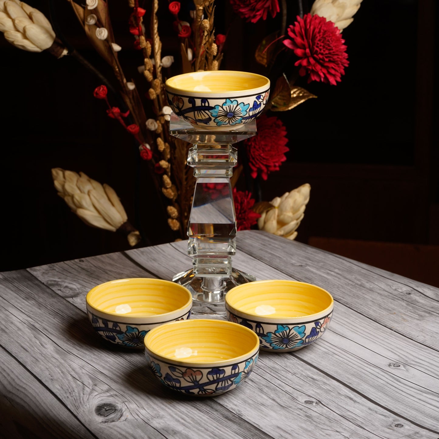 Caffeine Ceramic Handmade Royal Blue & Yellow Flowra Print Katori Bowls (200 ml, Set of 6) - Caffeine Premium Stoneware