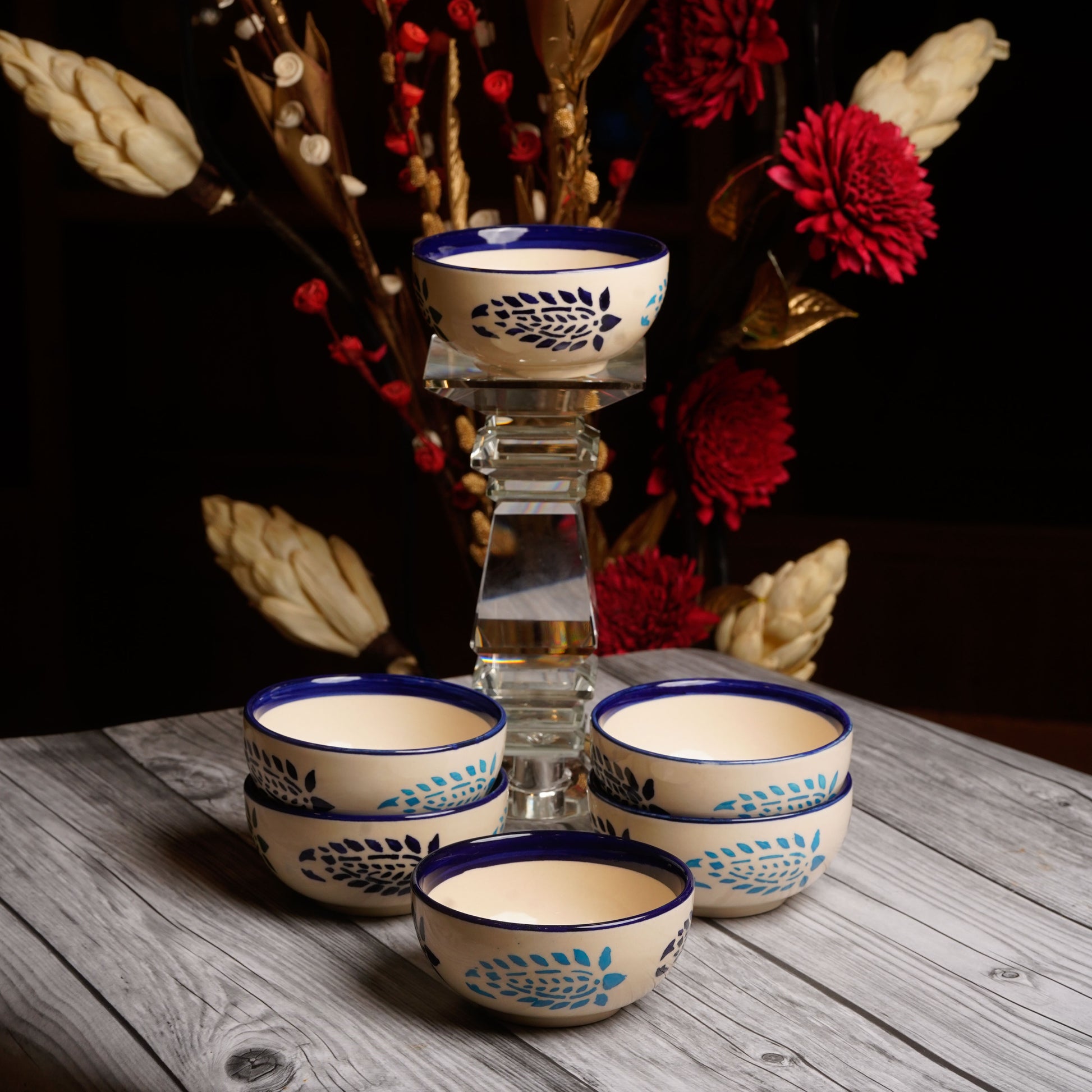 Caffeine Ceramic Handmade Blue boota katori Bowl (Set of 6) - Caffeine Premium Stoneware