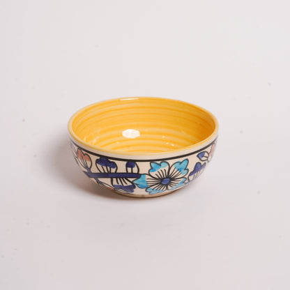 Caffeine Ceramic Handmade Royal Blue & Yellow Flowra Print Katori Bowls (200 ml, Set of 6) - Caffeine Premium Stoneware