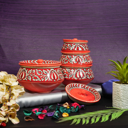 Caffeine Ceramic Stoneware Handmade Red Mughal Serving Handi with Lid -Set of 4 - Caffeine Premium Stoneware
