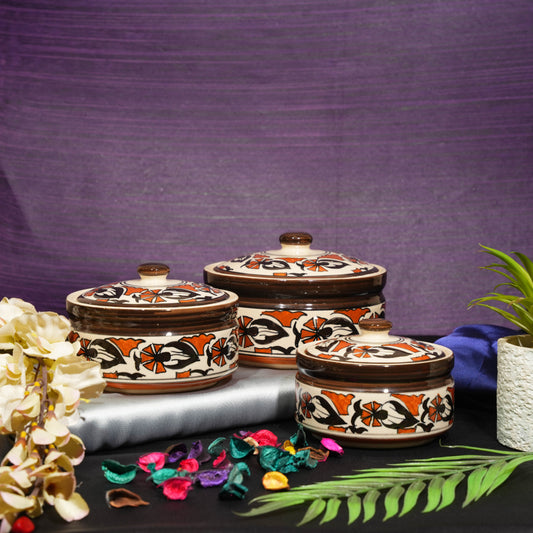 Caffeine Ceramic Handmade Flower Design Serving Casserole (Set of 3) - Caffeine Premium Stoneware