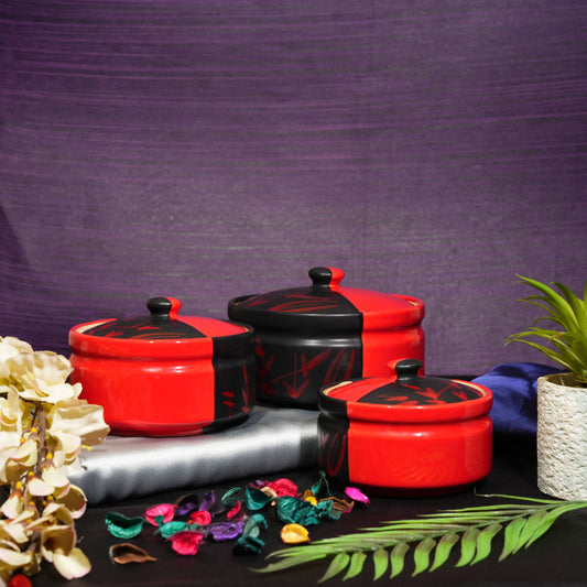 Caffeine Ceramic Handmade Half Red & Black Bamboo Serving Casserole with Lid (Set of 3) - Caffeine Premium Stoneware