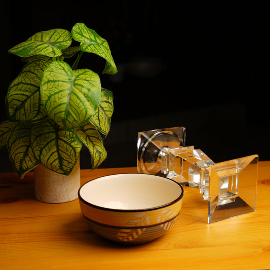 Caffeine Ceramic Handmade yellow & grey Leaf Print Serving Bowl (Set of 4) - Caffeine Premium Stoneware