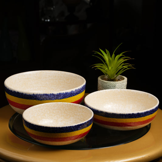 Caffeine Ceramic Handmade Matte Cream with Multi Stripes Serving Bowl (Set of 3) - Caffeine Premium Stoneware