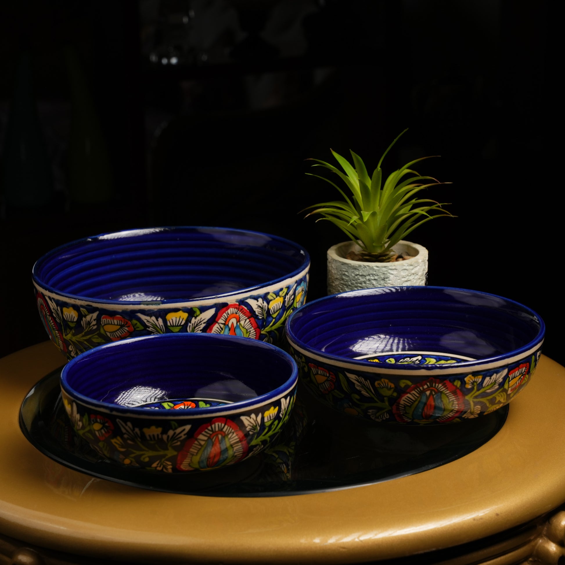 Caffeine Ceramic Handmade Blue Jaipuri Serving Bowl (Set of 3) - Caffeine Premium Stoneware