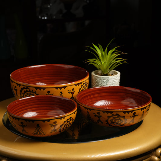 Caffeine Ceramic Handmade Mustard Romani Serving Bowl (Set of 3) - Caffeine Premium Stoneware