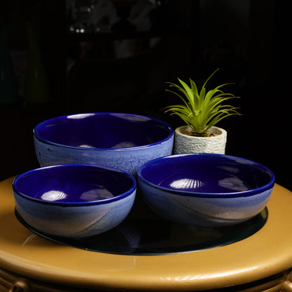 Caffeine Ceramic Handmade Blue Crackle Serving Bowl (Set of 3) - Caffeine Premium Stoneware