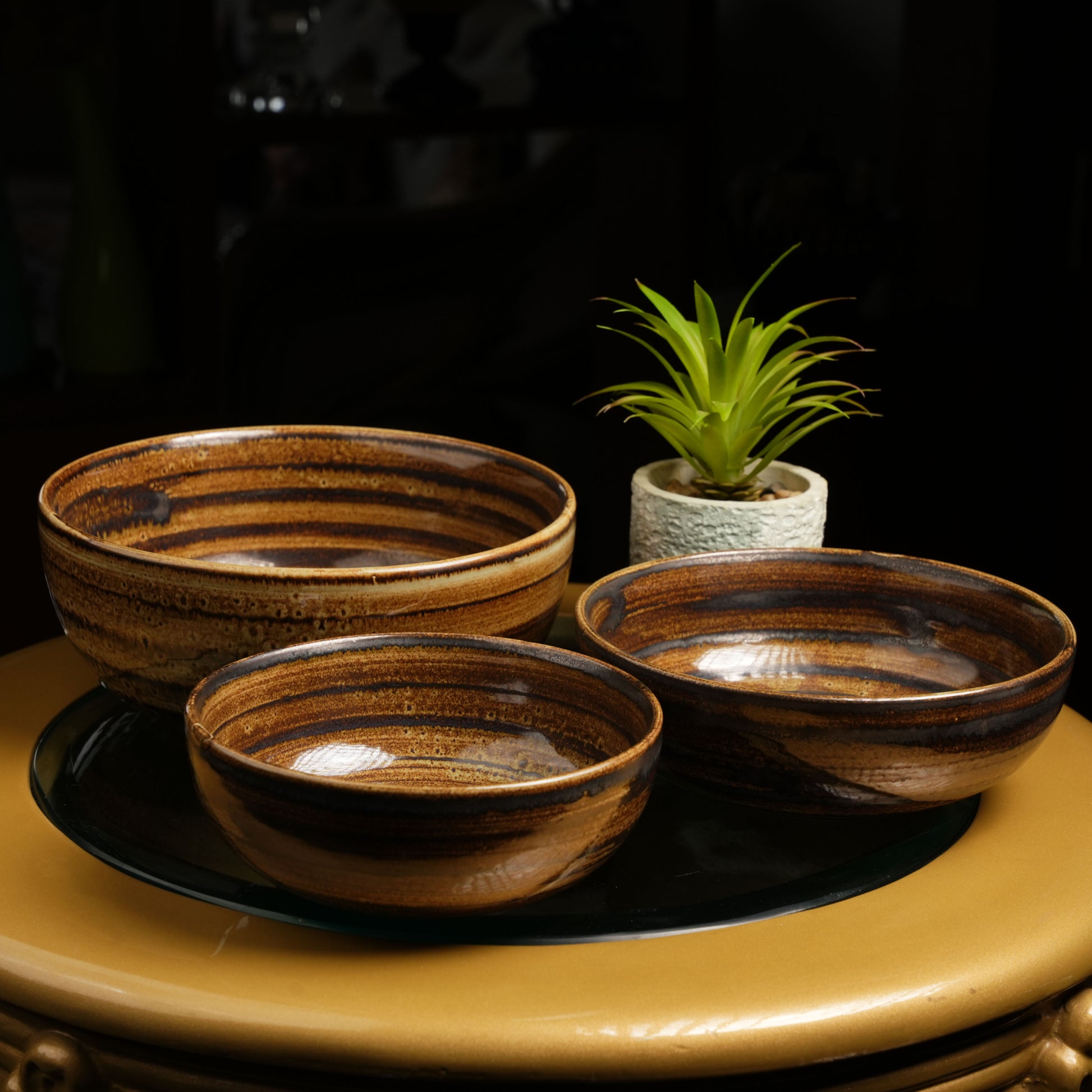 Caffeine Ceramic Handmade Wooden Serving Bowl (Set of 3) - Caffeine Premium Stoneware