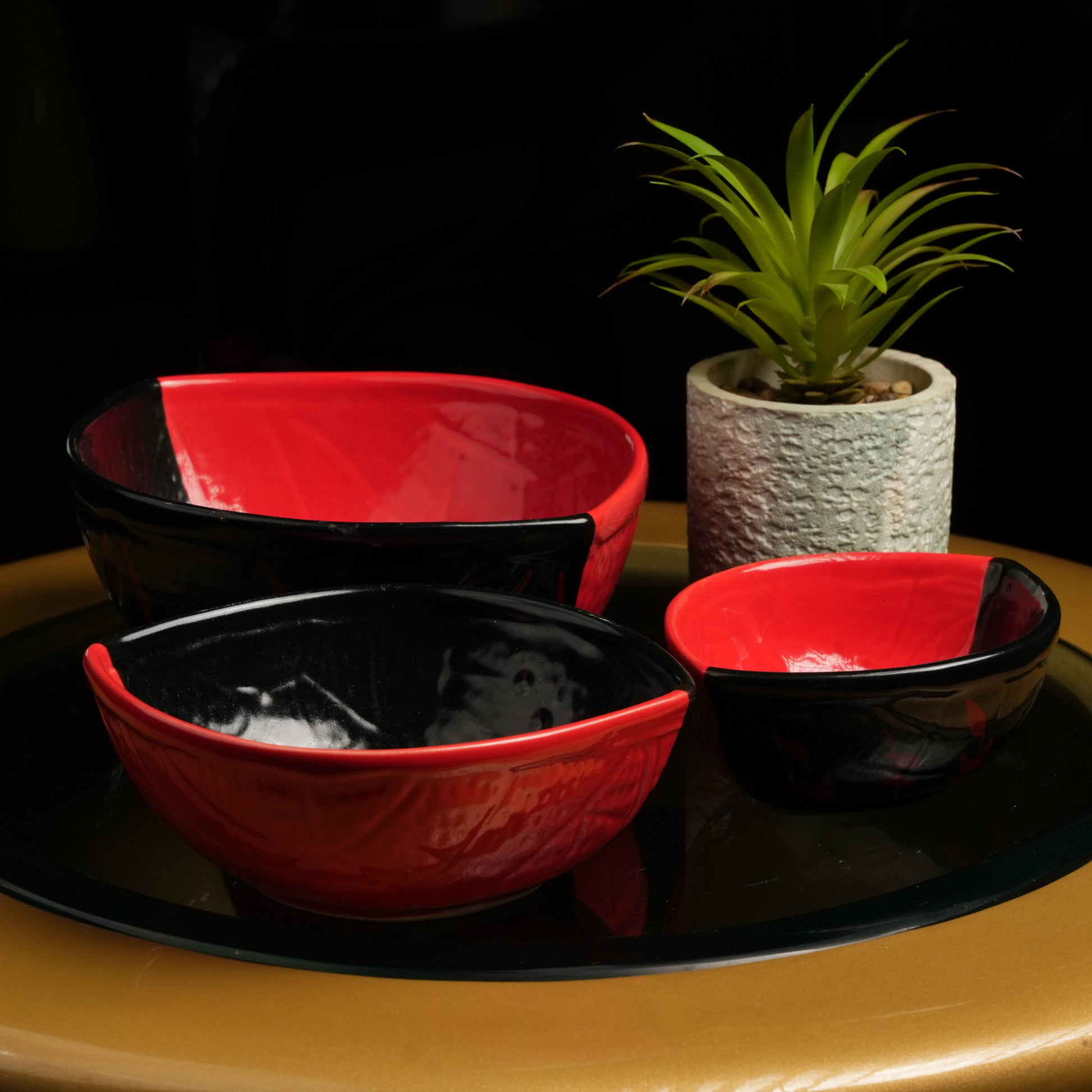 Caffeine Ceramic Handmade Half Red & Black Serving Bowl (Set of 3) - Caffeine Premium Stoneware