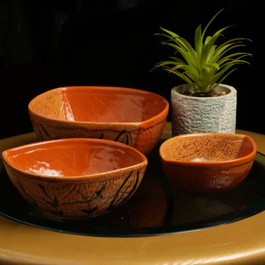 Caffeine Ceramic Handmade Brown and Mustard Leaf Serving Bowl (Set of 3) - Caffeine Premium Stoneware