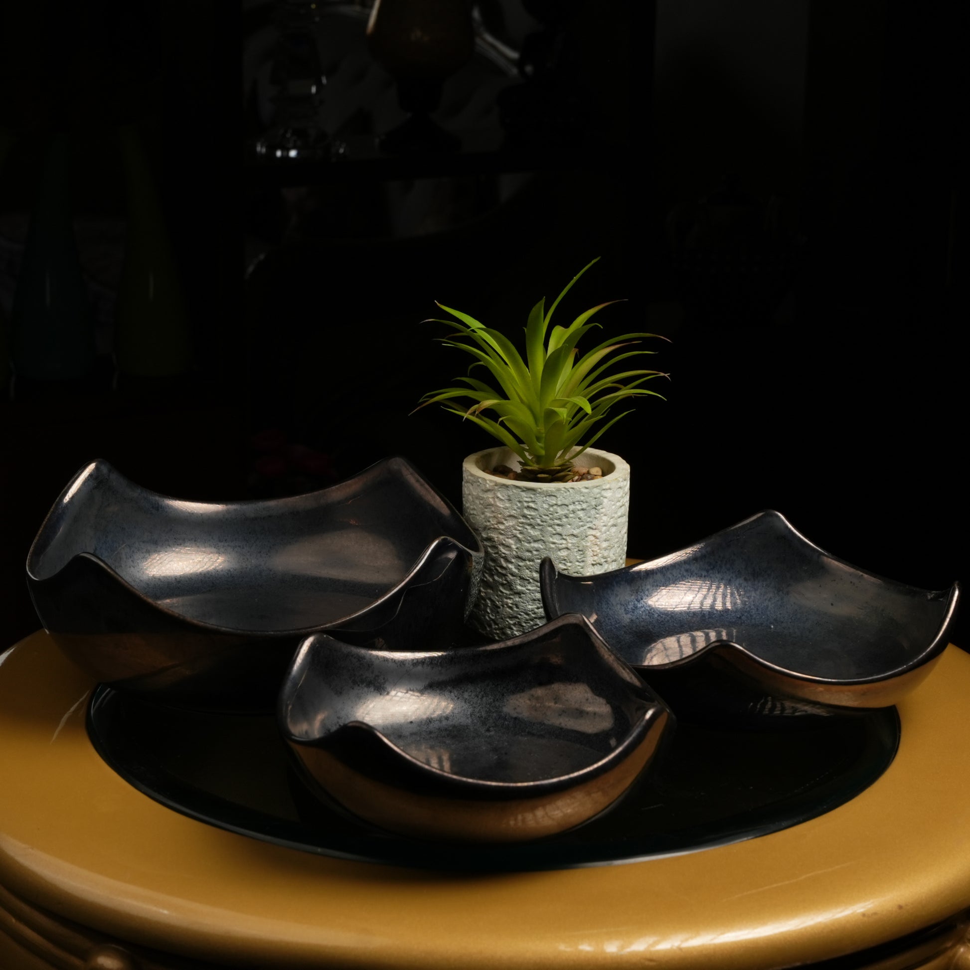 Caffeine Ceramic Handmade Black Ferrous Cut Serving Bowl (Set of 3) - Caffeine Premium Stoneware