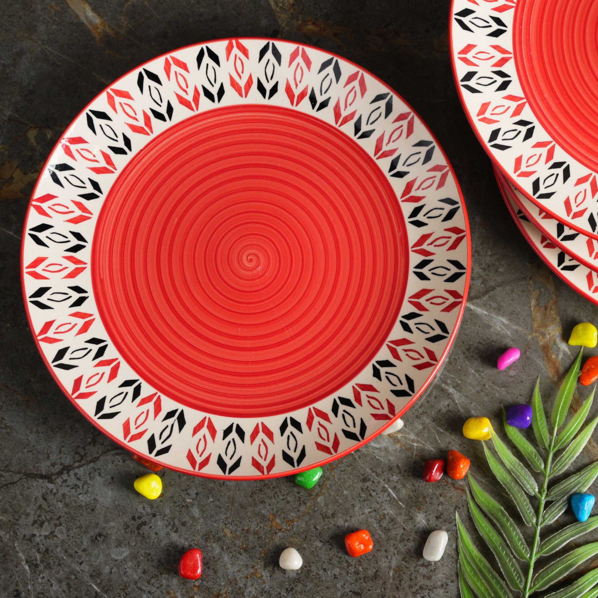 Caffeine Ceramic Handmade Orange Arrow Pattern Dinner Plate 10" inch(Set of 6) - Caffeine Premium Stoneware