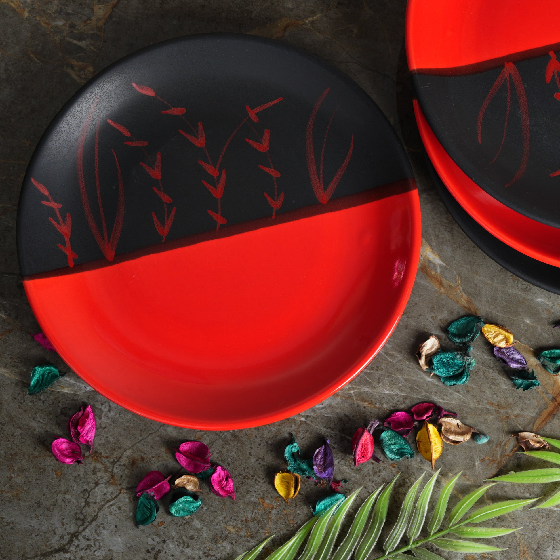 Caffeine Ceramic Handmade Stoneware Half Red & Black Dinner Plates set of 4 - Caffeine Premium Stoneware