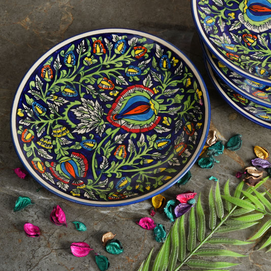 Caffeine Ceramic Handmade blue jaipuri quarter plate 7”(Set of 4) - Caffeine Premium Stoneware