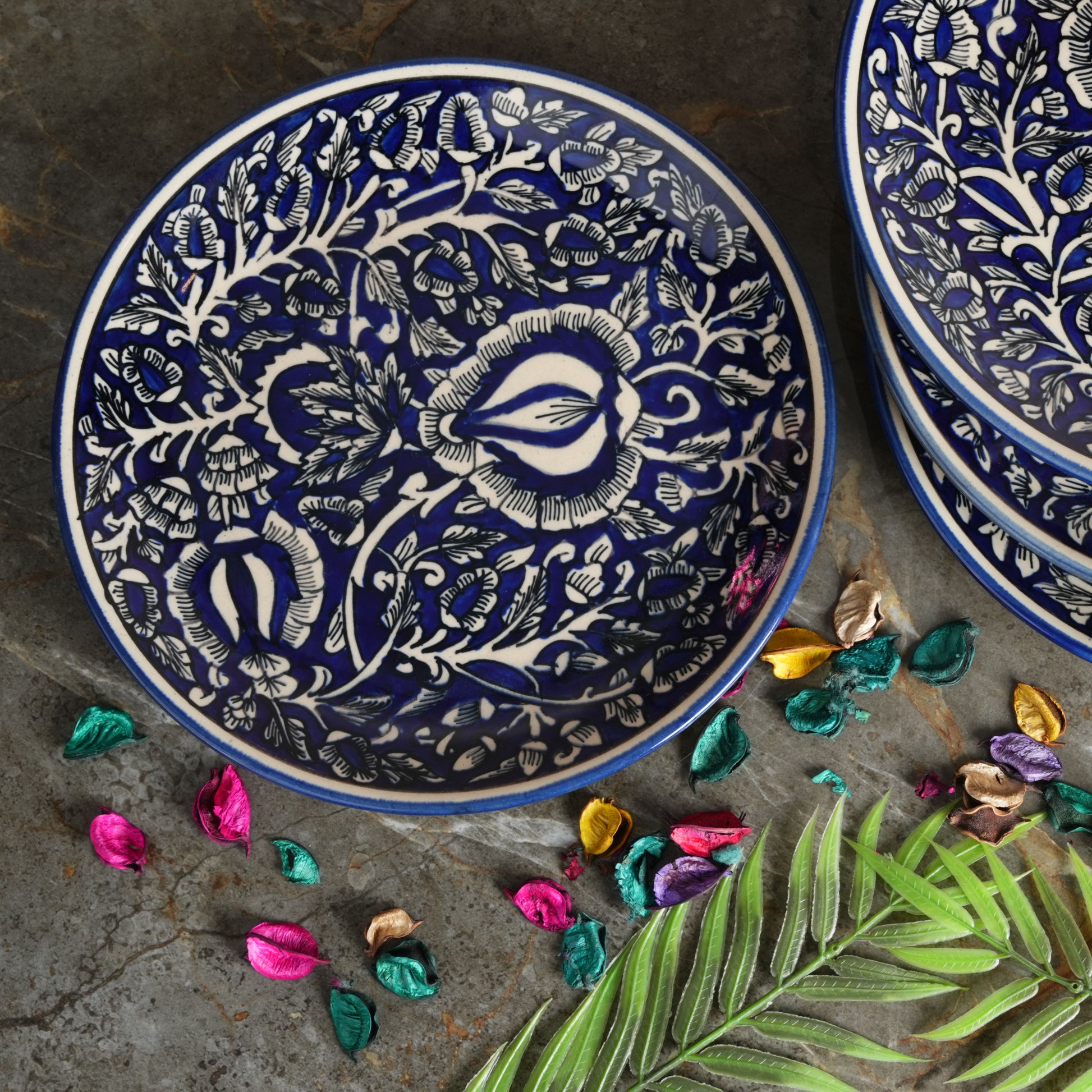 Caffeine Ceramic Handmade Stoneware Blue Mughal Quarter Plate 7”(Set of 6 ) - Caffeine Premium Stoneware