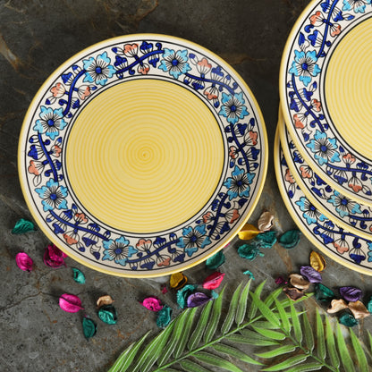 Caffeine Ceramic Handmade Royal Blue & Yellow Flowra Print Dinner Plate set of 4 - Caffeine Premium Stoneware