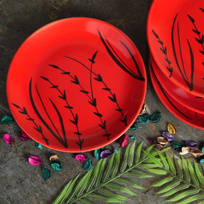 Caffeine Ceramic Handmade Stoneware Red Bomboo Dinner Plate set of 4 - Caffeine Premium Stoneware