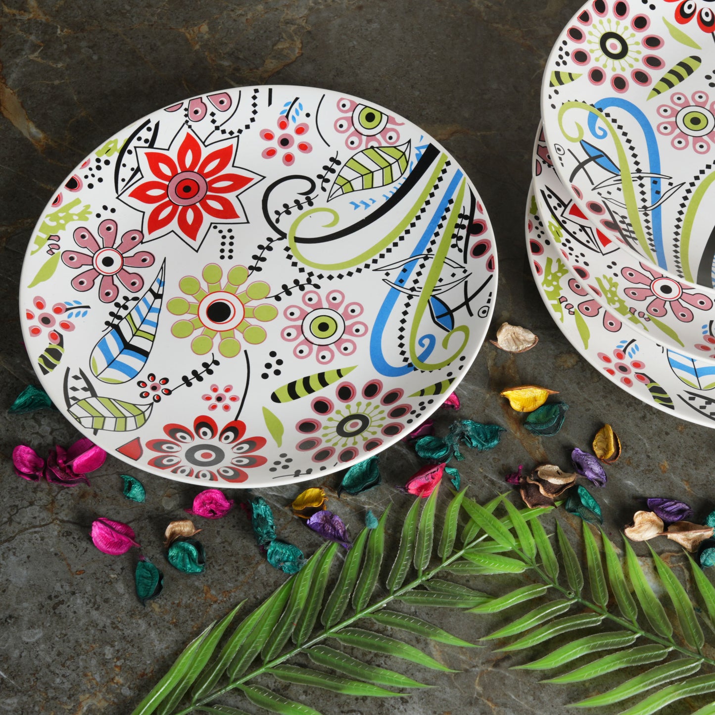 Caffeine Ceramic Handmade Stoneware Multicolor Flower Design Dinner Plates Set of 6 (Dishwasher & Microwave Safe) - Caffeine Premium Stoneware