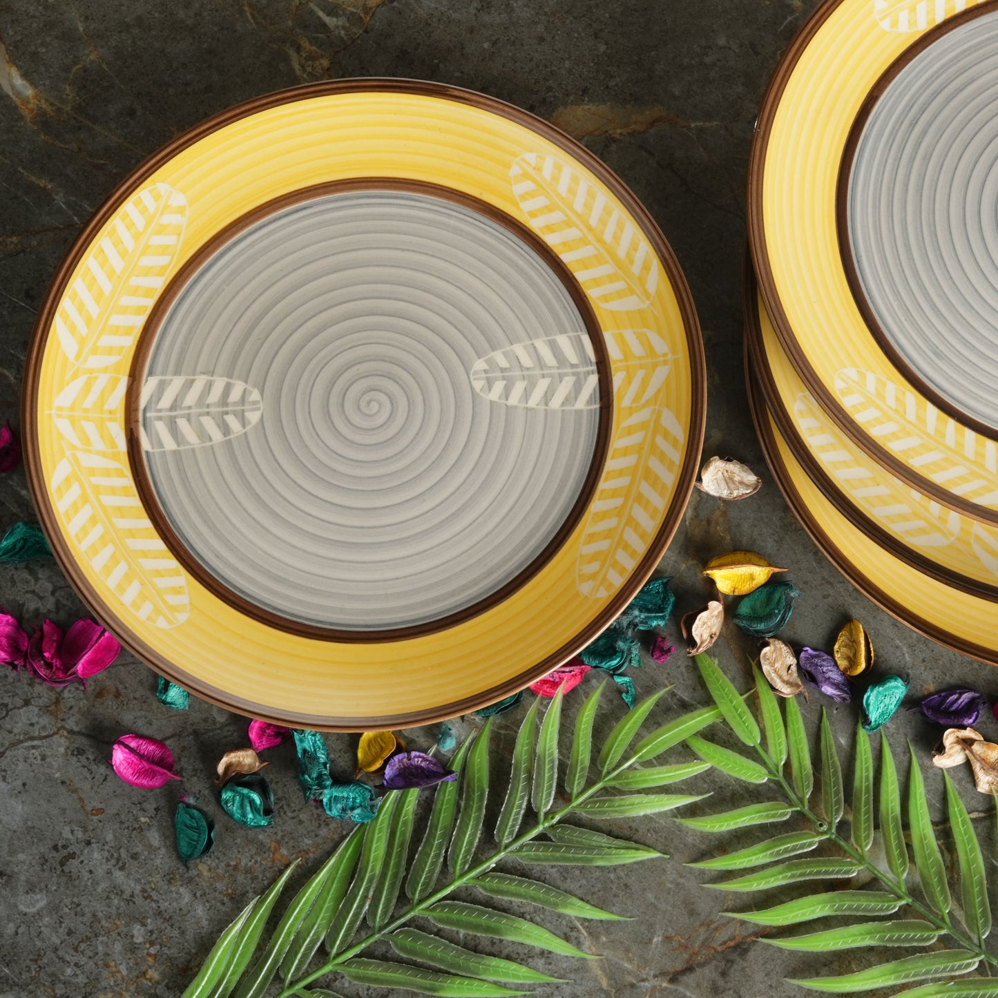 Caffeine Ceramic Handmade Yellow Leaf Quarter Plate 7” (Set of 6) - Caffeine Premium Stoneware