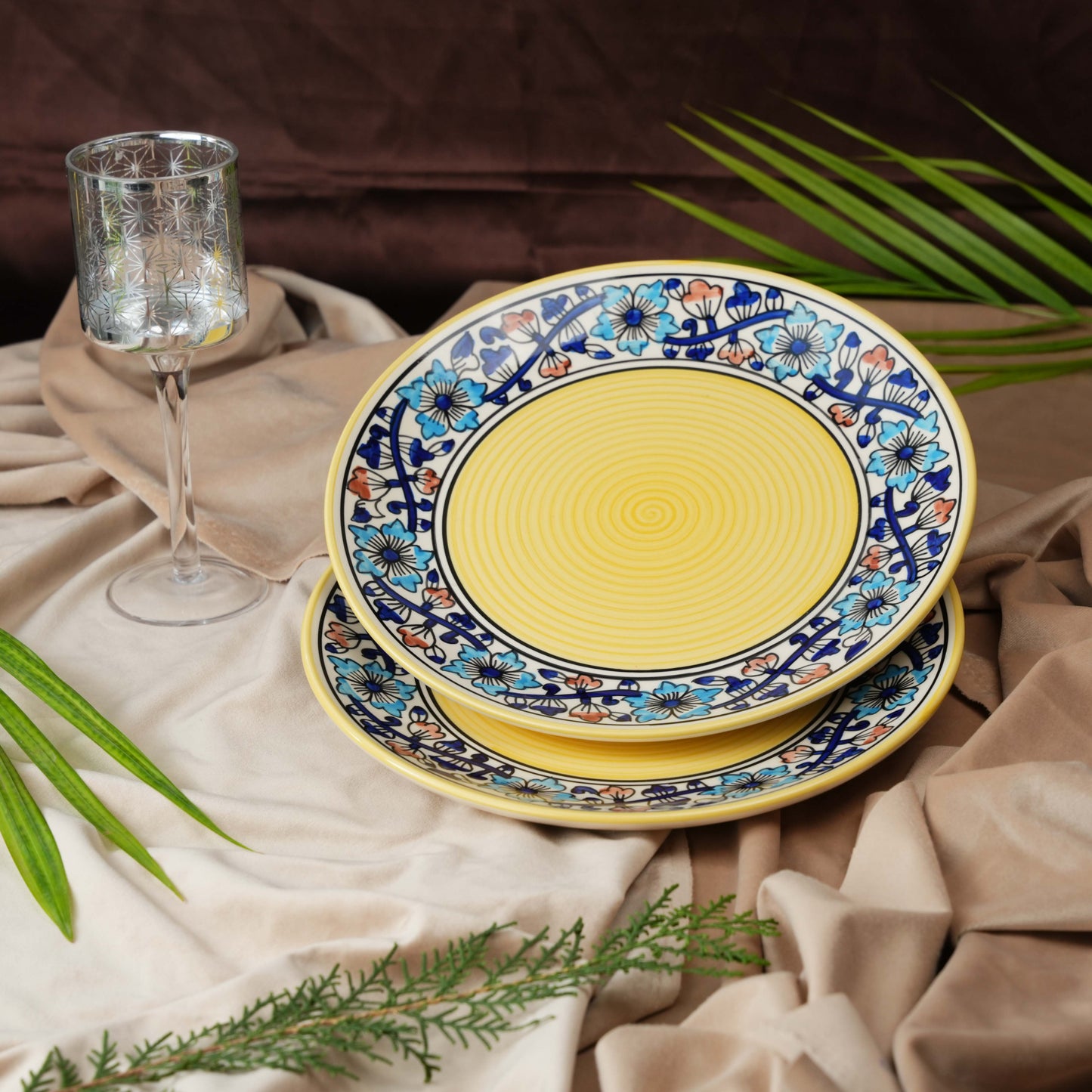 Caffeine Ceramic Handmade Royal Blue & Yellow Flowra Print Dinner Plate set of 4 - Caffeine Premium Stoneware