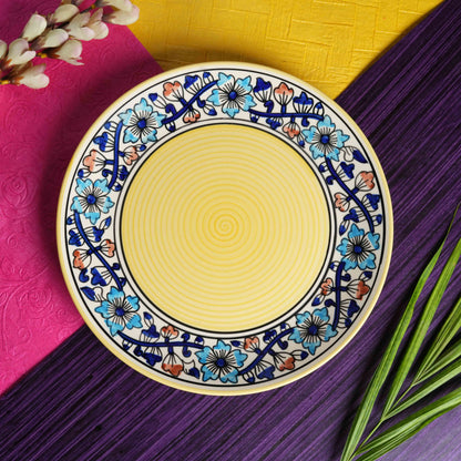 Caffeine Ceramic Handmade Royal Blue & Yellow Flowra Print Dinner Plate set of 4 - Caffeine Premium Stoneware