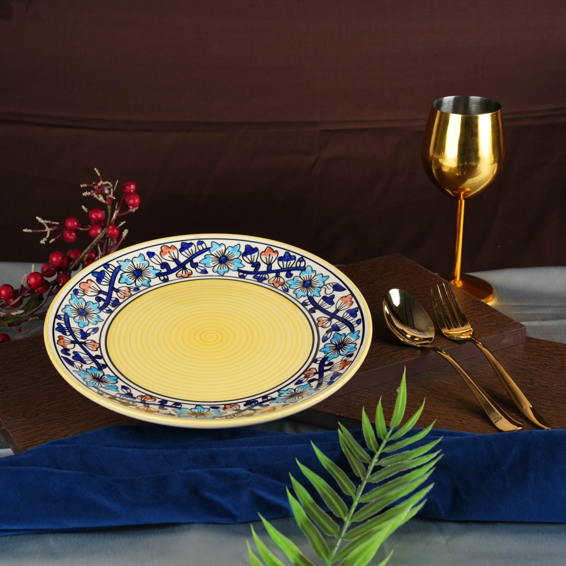 Caffeine Ceramic Handmade Royal Blue & Yellow Flowra Print Dinner Plate set of 4 - Caffeine Premium Stoneware