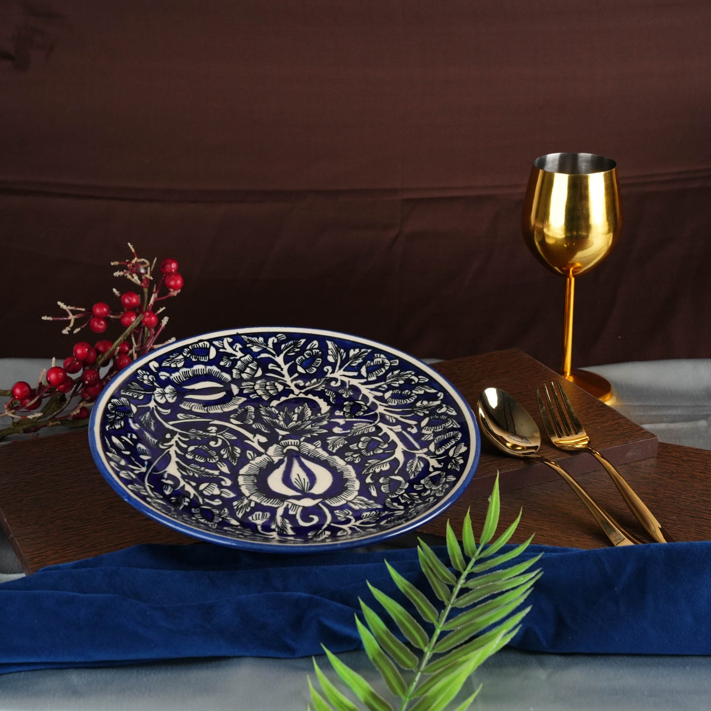 Caffeine Ceramic Handmade Blue Mughal Combo Dinner Set (Set of 3) - Caffeine Premium Stoneware