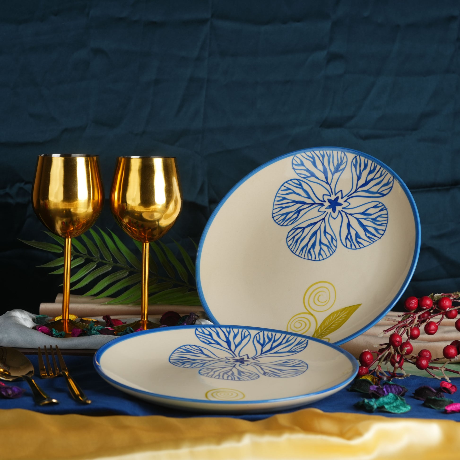 Caffeine Ceramic Handmade White Flora Dinner Plates set of 4 - Caffeine Premium Stoneware