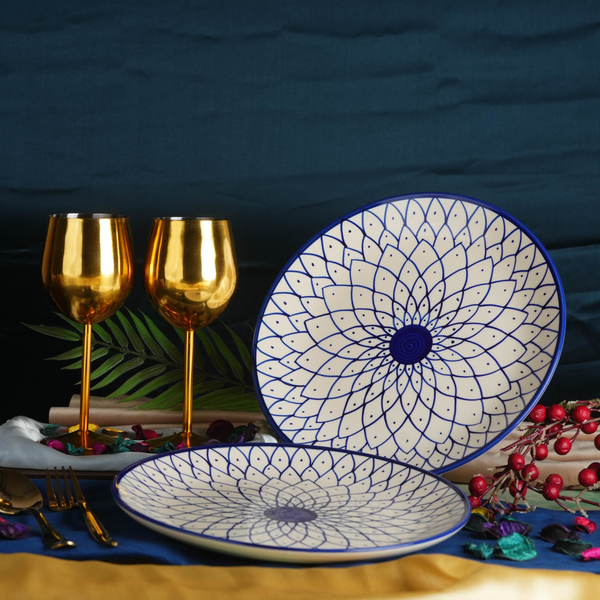 Caffeine Ceramic Handmade Blue Spider Design Dinner Plate set of 4 - Caffeine Premium Stoneware