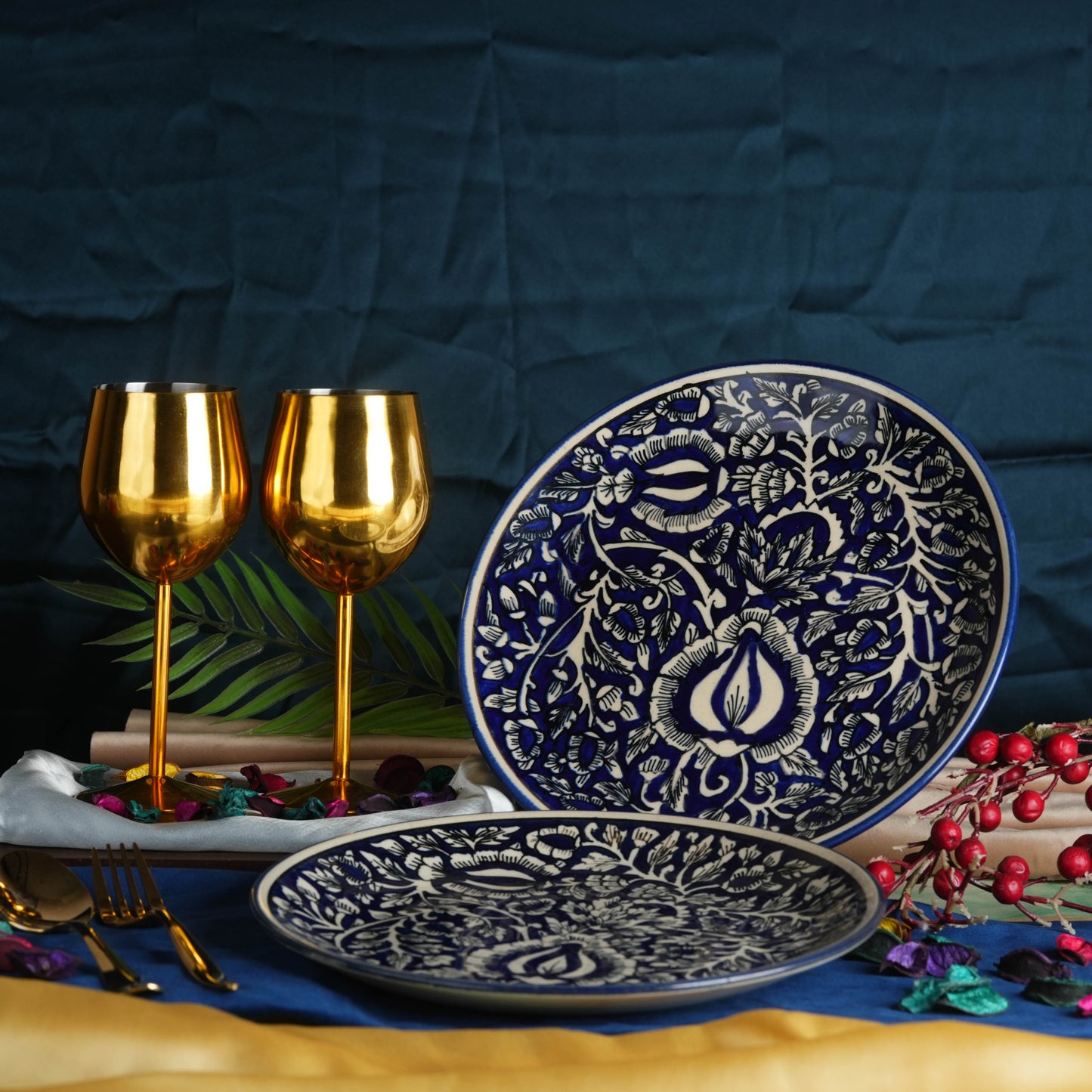 Caffeine Ceramic Handmade blue jaipuri quarter plate 7”(Set of 4) - Caffeine Premium Stoneware