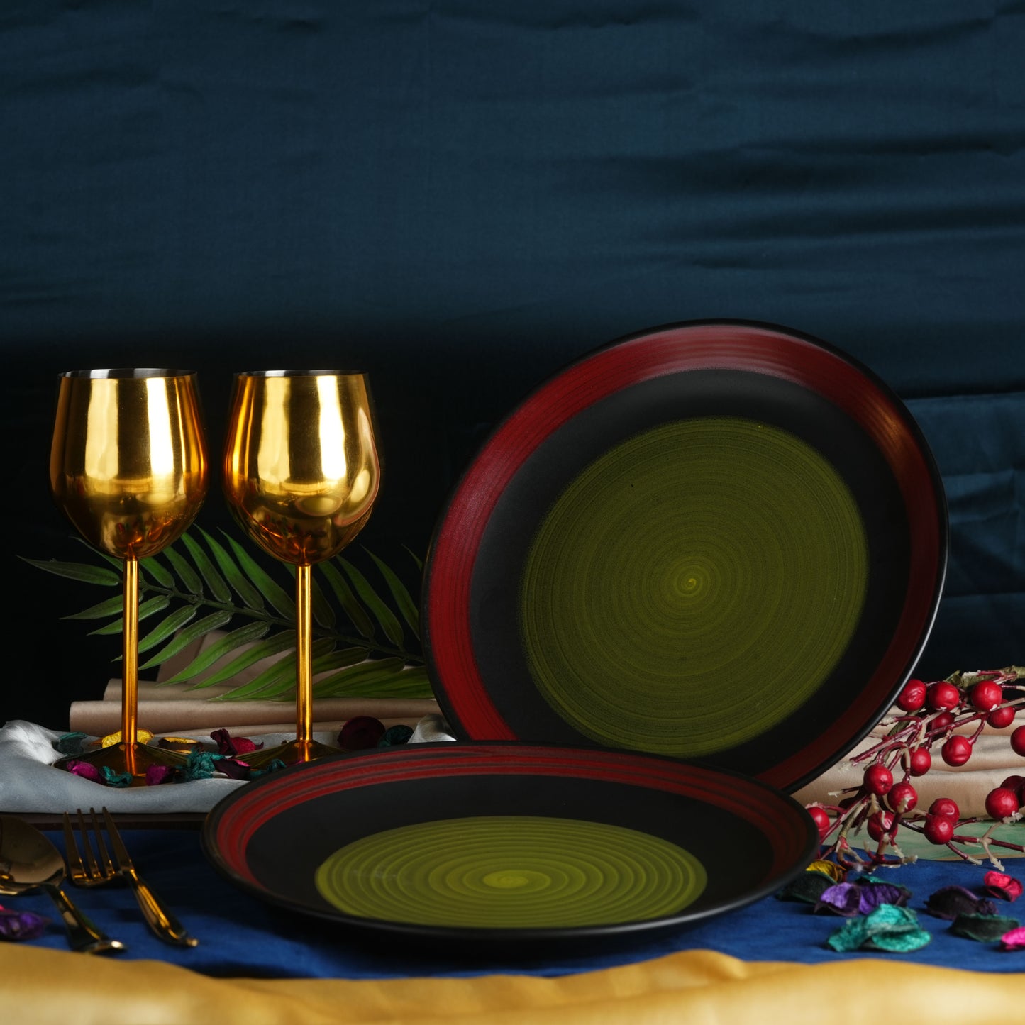 Caffeine Ceramic Handmade Stoneware Green Chandrakari Dinner Plates10 inch Set of 2 - Caffeine Premium Stoneware