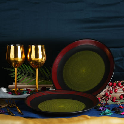 Caffeine Ceramic Handmade Stoneware Green Chandrakari Dinner Plates10 inch Set of 2 - Caffeine Premium Stoneware