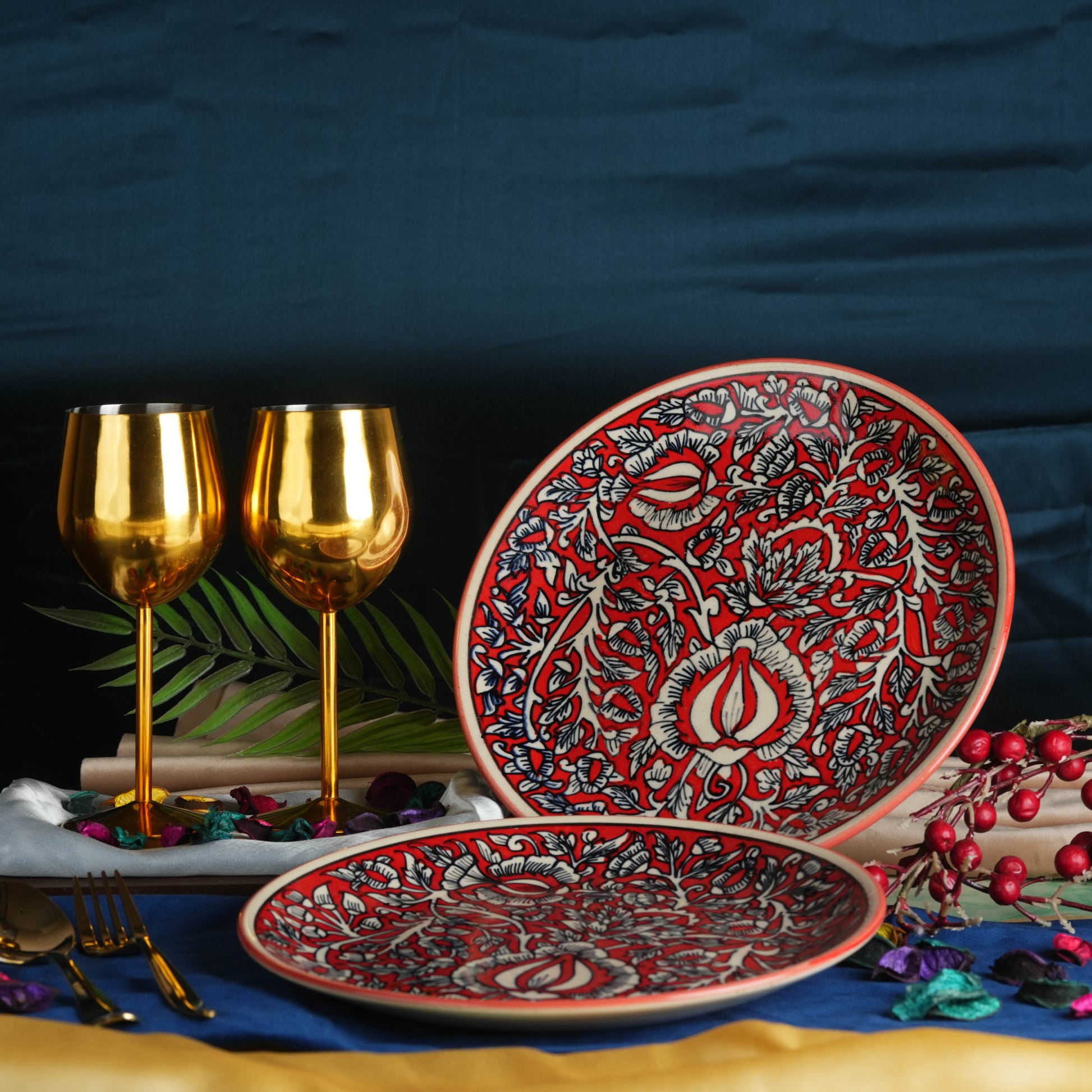 Caffeine Ceramic Handmade Red mughal Quarter Plate 7”(Set of 6) - Caffeine Premium Stoneware