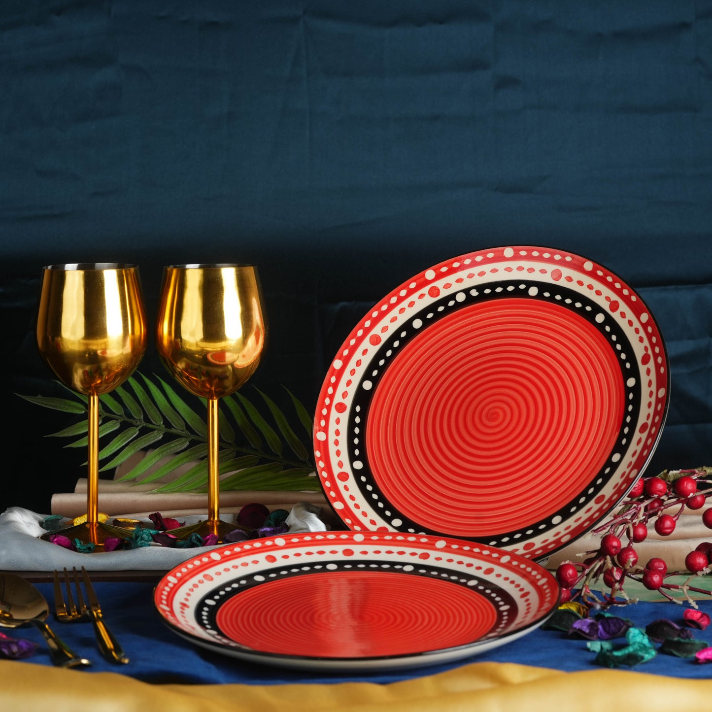 Caffeine Ceramic Handmade Red & Black Dotted Dinner Plates 10 inch Set of 2 - Caffeine Premium Stoneware