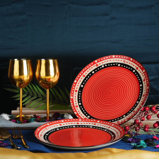 Caffeine Ceramic Handmade Red & Black Dotted Dinner Plates 10 inch Set of 2 - Caffeine Premium Stoneware