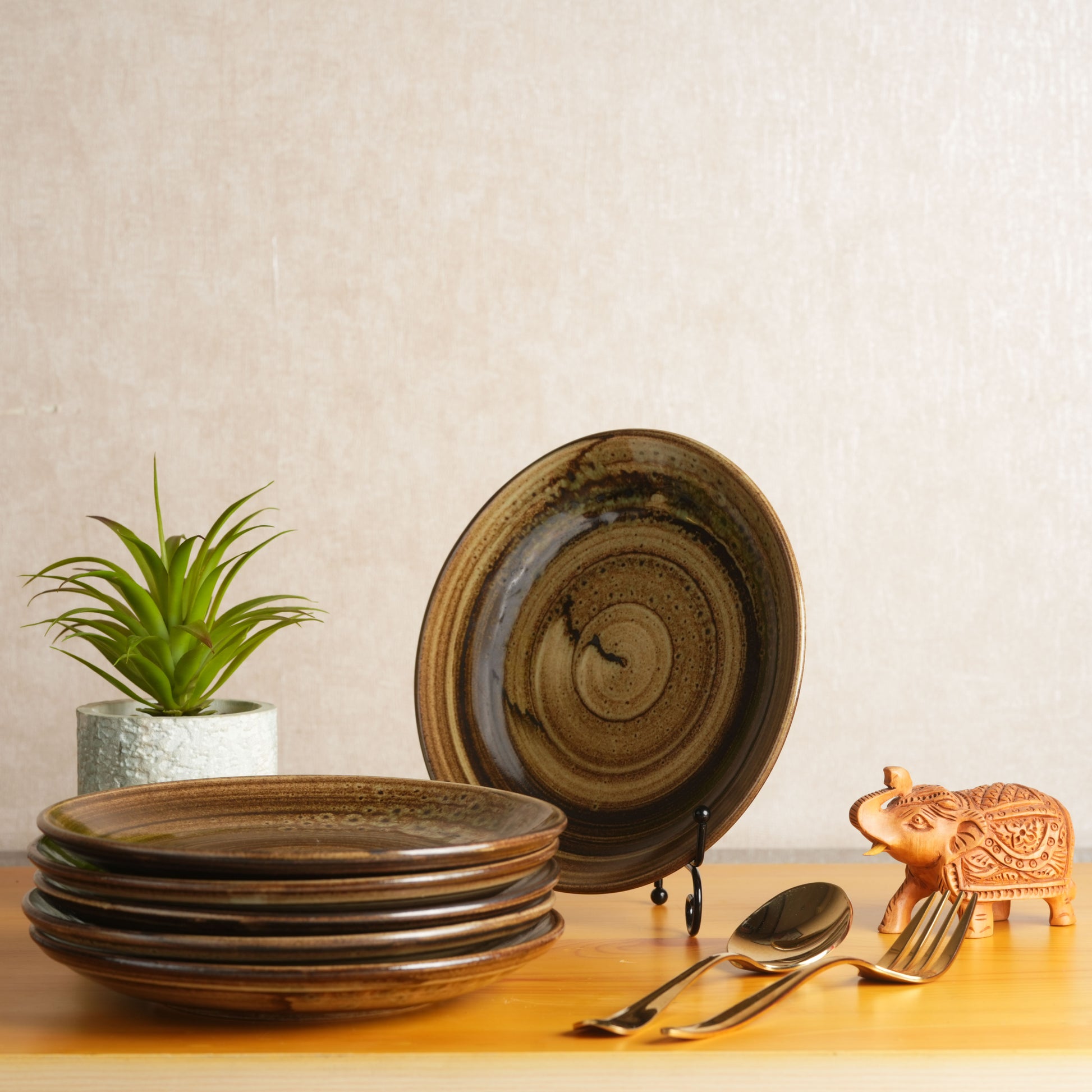 Caffeine Ceramic Handmade Stoneware Brown Wooden Dinner Plate 10 '' Set of 6  (Microwave & Dishwasher Safe) - Caffeine Premium Stoneware