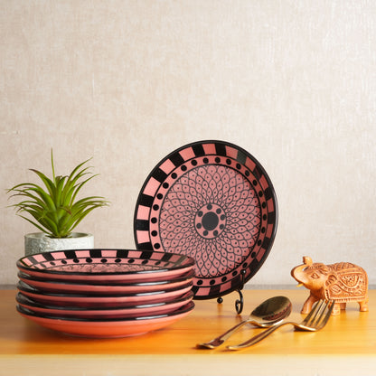 Caffeine Ceramic Handmade Stoneware Pink Flower Printed Dinner Plates10 inch Set of 6 (Microwave & Dishwasher Safe) - Caffeine Premium Stoneware