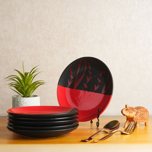 Caffeine Ceramic Handmade Stoneware Half Red & Black Bamboo Quarter Plate 7”(Set of 6 ) - Caffeine Premium Stoneware